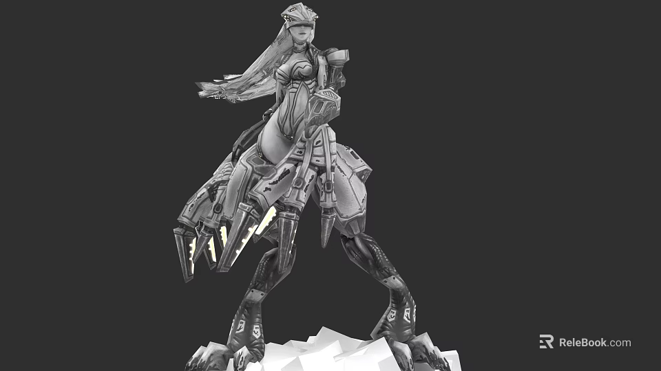 Futuristic Game And Movie Character In Mechanical Armor With Long Hair And Weapon 3d model 