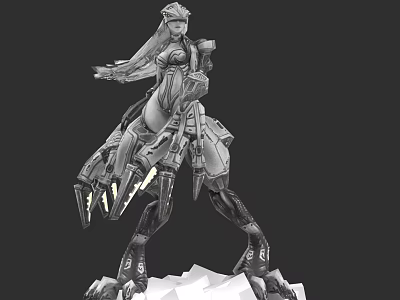 Futuristic Game And Movie Character In Mechanical Armor With Long Hair And Weapon 3d model