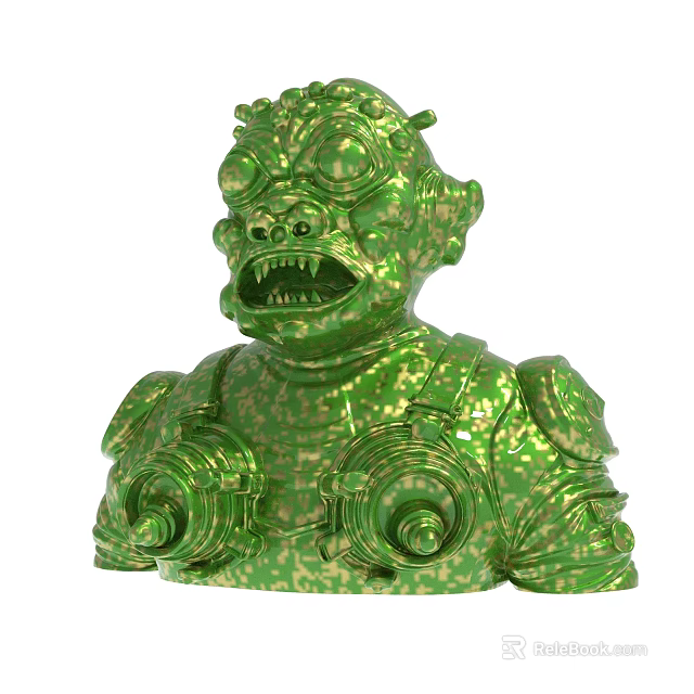 Green Speckled Texture Monster Bust Sculpture With Large Eyes And Open Mouth 3d model 