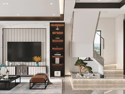 Duplex Living Room Interior Design With Large TV Wooden Shelving And Staircase 3d model