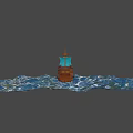 Wooden Pirate Ship With Blue Sails And Skull Emblem On Water Surface