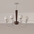 Minimalist Modern Chandelier with White Spherical Bulbs Wooden Stem and Silver Frames in Interior Design