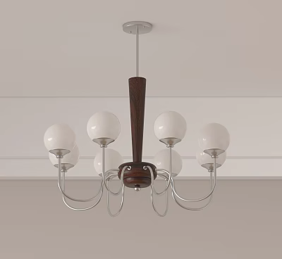 Minimalist Modern Chandelier with White Spherical Bulbs Wooden Stem and Silver Frames in Interior Design 3d model