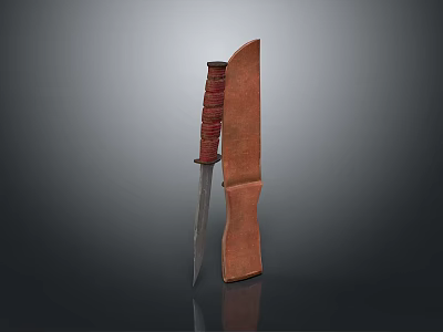 Tactical Survival Knife With Red Wrapped Handle And Brown Leather Sheath 3d model