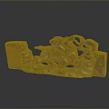 Traditional Wooden Mythical Beast Carving With Red Yellow Colors And Decorative Patterns