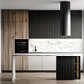 Modern Kitchen Interior With Wooden Wall Black Cabinets And Marble Countertop
