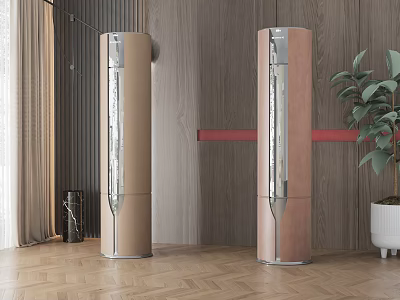 Modern Standing Air Conditioner Fans With Wooden Wall Floor And Potted Plant Design 3d model