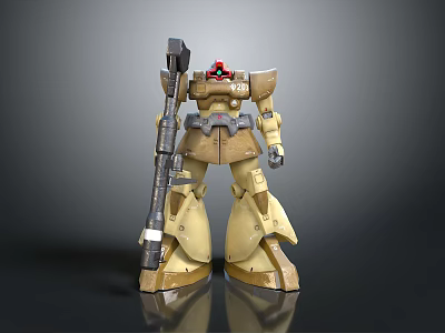 Mecha Robot Figure Design With Brown Yellow Armor Red Head Component And Large Weapon 3d model