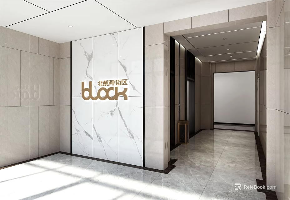 Modern Elevator Hallway With Marble Walls Sleek Floor And Block Sign 3d model