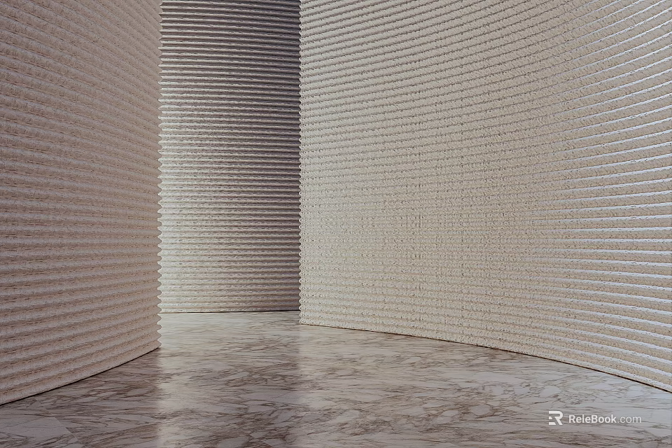 Modern Curved Sofa Accent Wall With Textured Panels And Marble Floor 3d model 