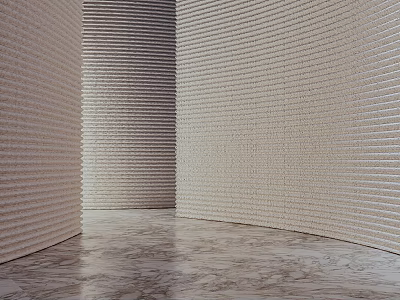 Modern Curved Sofa Accent Wall With Textured Panels And Marble Floor 3d model