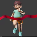 Young Boy In Light Blue Shirt And Orange Shorts Running Through Red Finish Line Ribbon