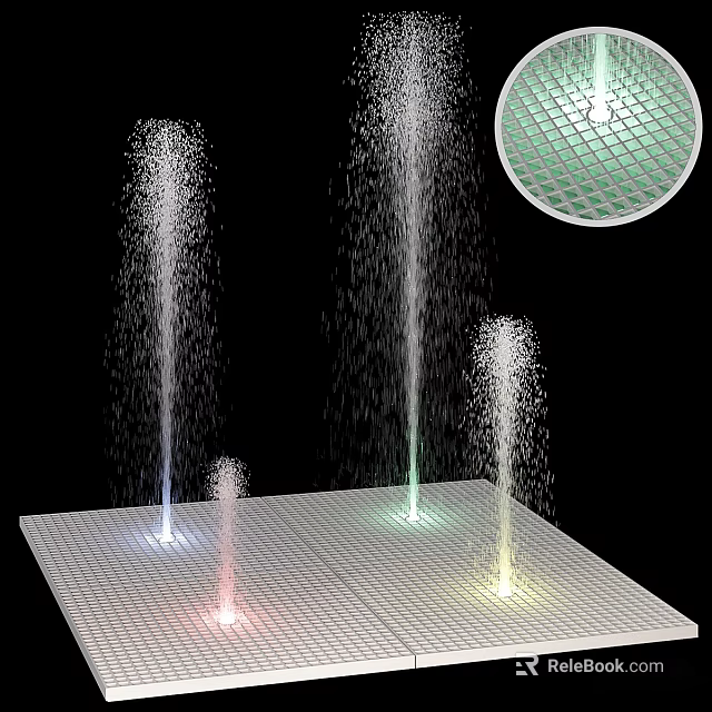 Colorful Water Jets Rising From Grid Surface With Enlarged Detail On Black Background 3d model 