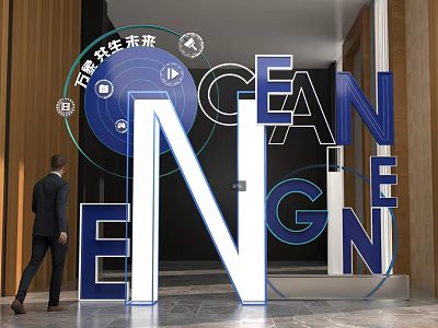 Large Modern 3D Letters Design In Interior Space With Blue Tech Elements And Human Figure 3d model