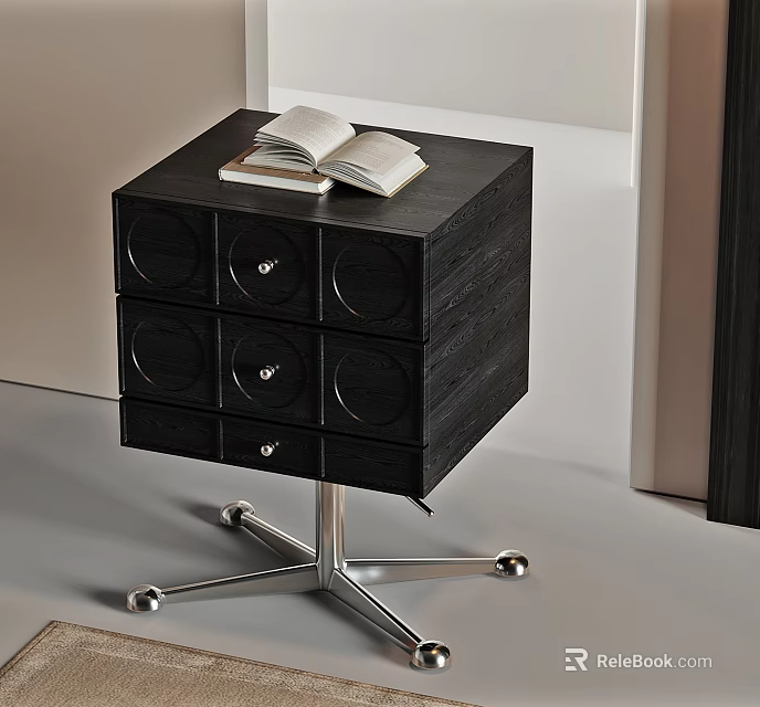 Black Wooden Bedside Table With Six Drawers Metal Frame With Wheels And Open Book 3d model 