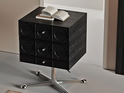 Black Wooden Bedside Table With Six Drawers Metal Frame With Wheels And Open Book 3d model