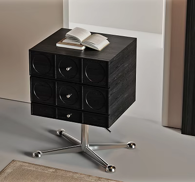 Black Wooden Bedside Table With Six Drawers Metal Frame With Wheels And Open Book 3d model