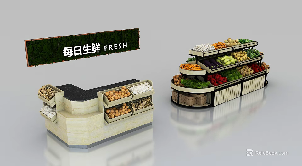 Display Shelves for Daily Fresh Produce with Various Fruits and Vegetables 3d model 