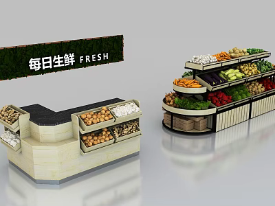 Display Shelves for Daily Fresh Produce with Various Fruits and Vegetables 3d model