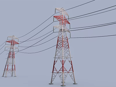 Red And White Steel Electricity Transmission Towers With Multiple Power Lines Against Clear Sky 3d model