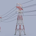 Red And White Steel Electricity Transmission Towers With Multiple Power Lines Against Clear Sky