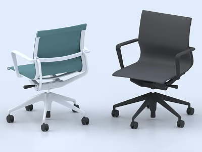 Two Modern Office Chairs Green And Black With White And Black Frames Swivel Wheels 3d model