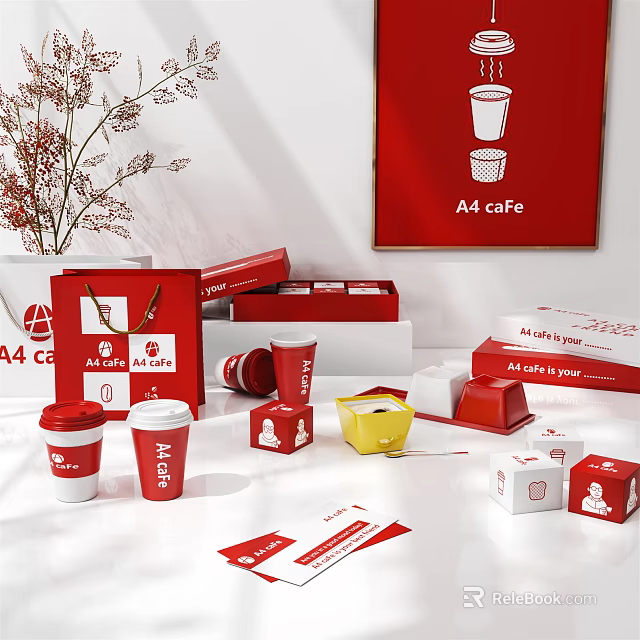 Coffee Themed Red White Decorative Ornament Combination With Cups Boxes Frames Tabletop 3d model 