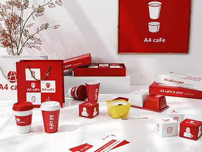 Coffee Themed Red White Decorative Ornament Combination With Cups Boxes Frames Tabletop 3d model