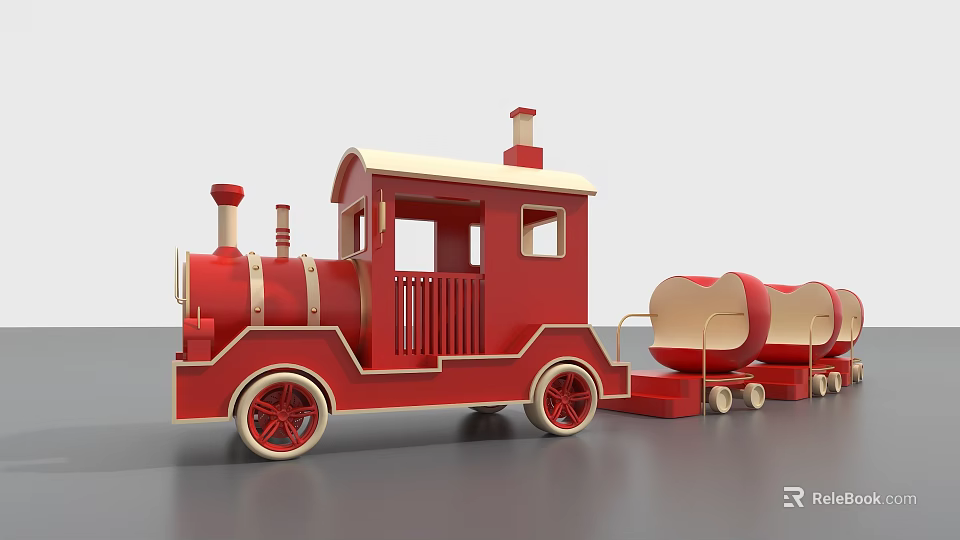 Red Toy Train with White Roof and Chimneys Pulling Heart Shaped Carriages 3d model 