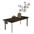 Simple Wooden Dining Table with Flower Vase Branches and Nut Bowl Decoration