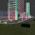 Modern Commercial Street With Tall Illuminated Buildings Pedestrians Cars And Autumn Trees