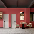 Minimalist Restaurant Interior With Green Walls Pendant Lights And Decorative Paintings
