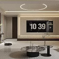 Modern Entryway Cabinet and Sideboard with Marble Background Round Mirror and Vase