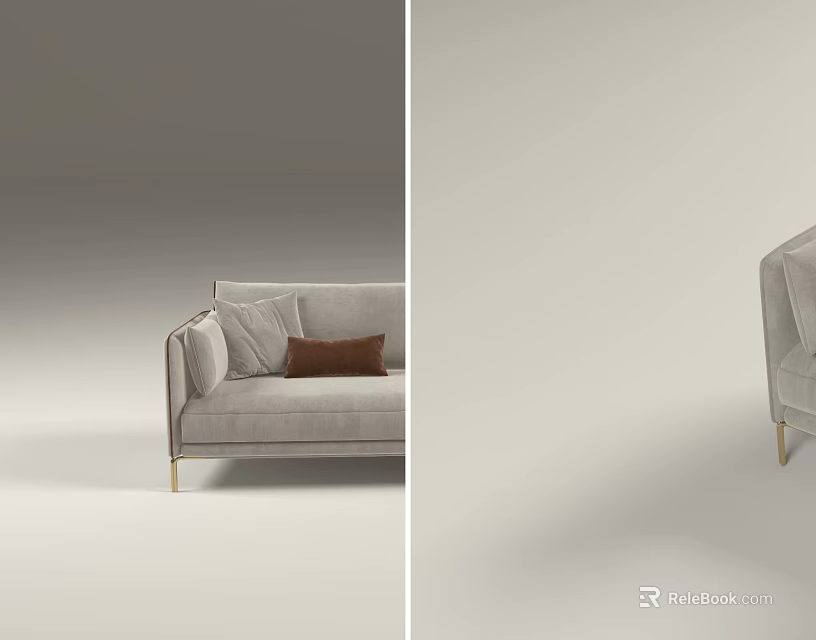 Modern Light Gray Fabric Sofa Set With Gold Metal Legs And Accent Cushions 3d model 