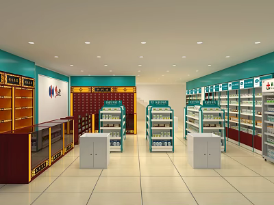 Turquoise And Red Pharmacy Store Interior With Medicine Shelves And Counter 3d model