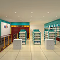 Turquoise And Red Pharmacy Store Interior With Medicine Shelves And Counter