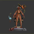 Game Movie Character In Traditional Outfit With Red Bird Blue Lantern And Stone Base