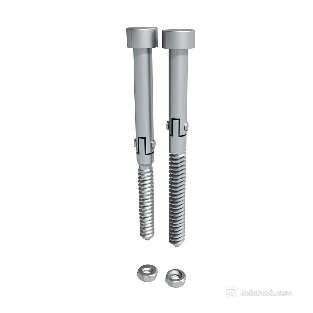 Two Silver Metal Bolts And Nuts With Threaded Shanks For Mechanical Use 3d model 