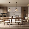 Modern Wooden Dining Table Set With Woven Chairs And Kitchen Cabinets 3d model