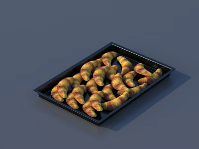 Golden Brown Freshly Baked Croissants Neatly Arranged On Black Rectangular Serving Tray 3d model