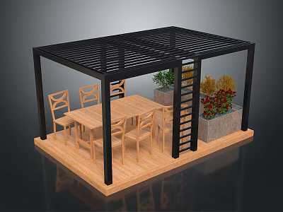 Modern Black Pergola with Lattice Roof Wooden Deck Dining Table Chairs and Planter Box 3d model