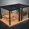 Modern Black Pergola with Lattice Roof Wooden Deck Dining Table Chairs and Planter Box