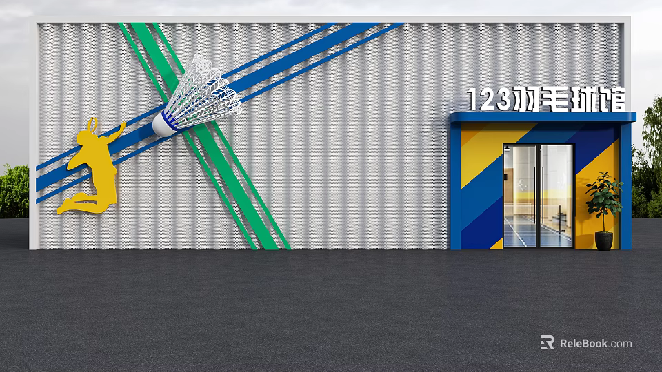 Colorful Badminton Venue Exterior With Yellow Player Silhouette Green Blue Stripes And 123 Signage 3d model 