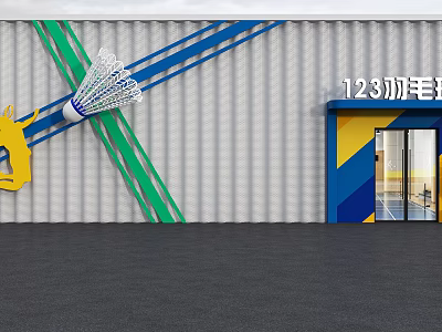 Colorful Badminton Venue Exterior With Yellow Player Silhouette Green Blue Stripes And 123 Signage 3d model