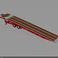 Red Flatbed Trailer With Brown Loading Surface Multiple Wheels And Long Structure