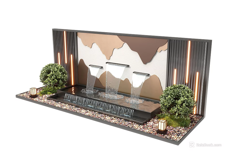 Garden Feature Wall With Waterfall Green Plants Pebbles And Mountain Pattern Lighting 3d model