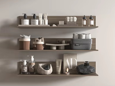 Bathroom Accessories On Wooden Shelves With Soap Dispensers Towels Storage Boxes And Stone Decor 3d model