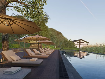 Serene Garden Landscape With Wooden Deck Pool Lounge Chairs And Greenery 3d model