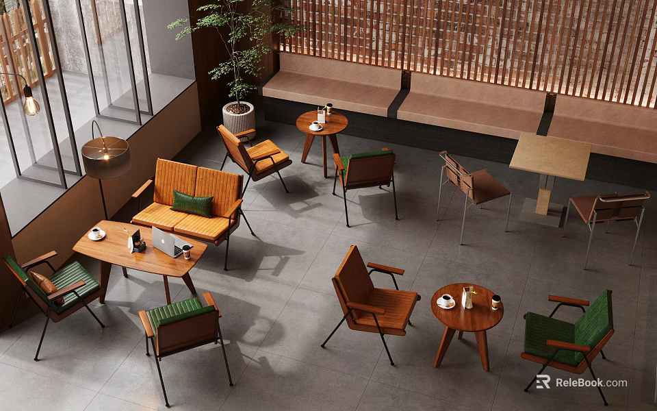 Cozy Café Interior With Wooden Tables Green Cushioned Chairs And Potted Plants 3d model 