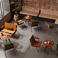 Cozy Café Interior With Wooden Tables Green Cushioned Chairs And Potted Plants